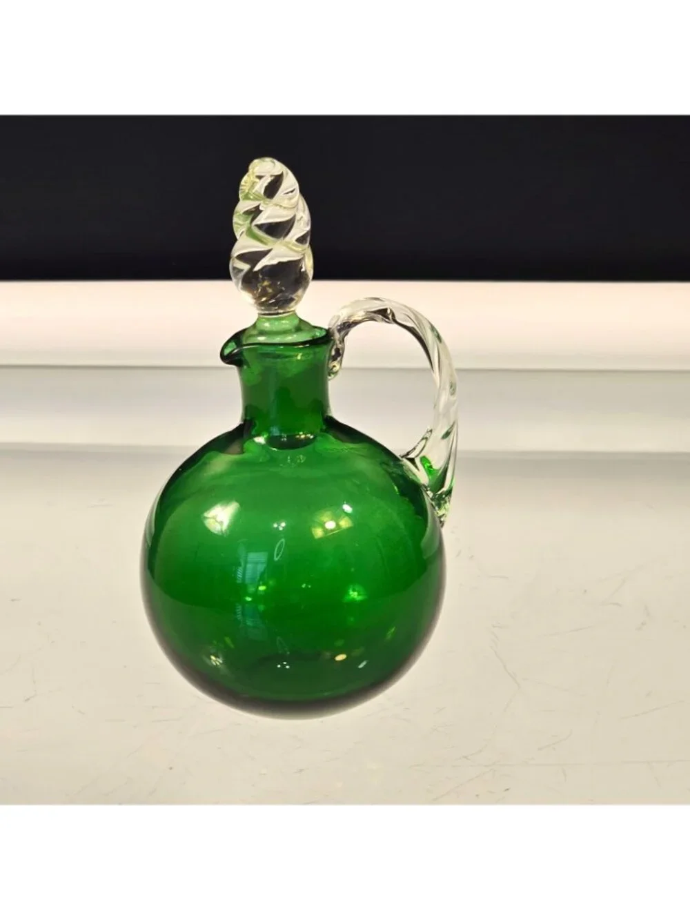 Emerald Green Art Glass Vintage Cruet 5 Inch Murano ? READ Small Flaw